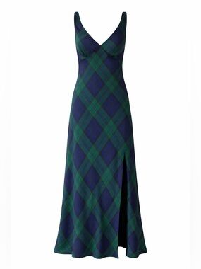AVEC LES FILLES Green Blue Plaid Maxi Dress Slip Bias Cut Grunge Dark Academia M